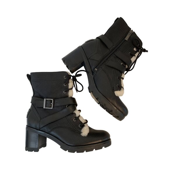UGG Ingrid Biker Black Leather Sheep Skin Ankle Boots Lace Up Buckle Sz 7 9018 - Picture 3 of 9